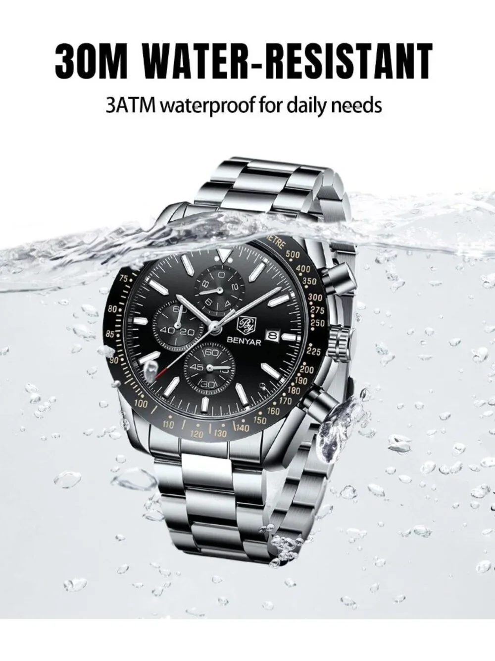Mens Black Face Analog Silver Strap Chronograph Luminous Designer Casual Watch